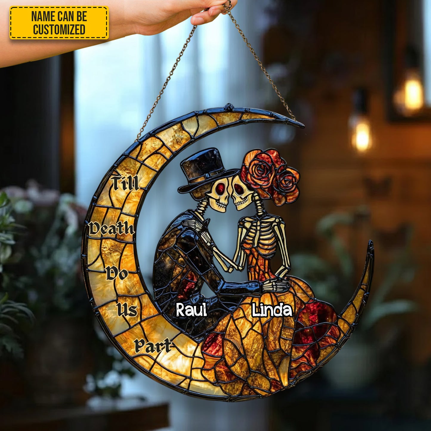 Couple Skull Suncatcher - Beautiful Couple Shape Stained Glass Suncatcher