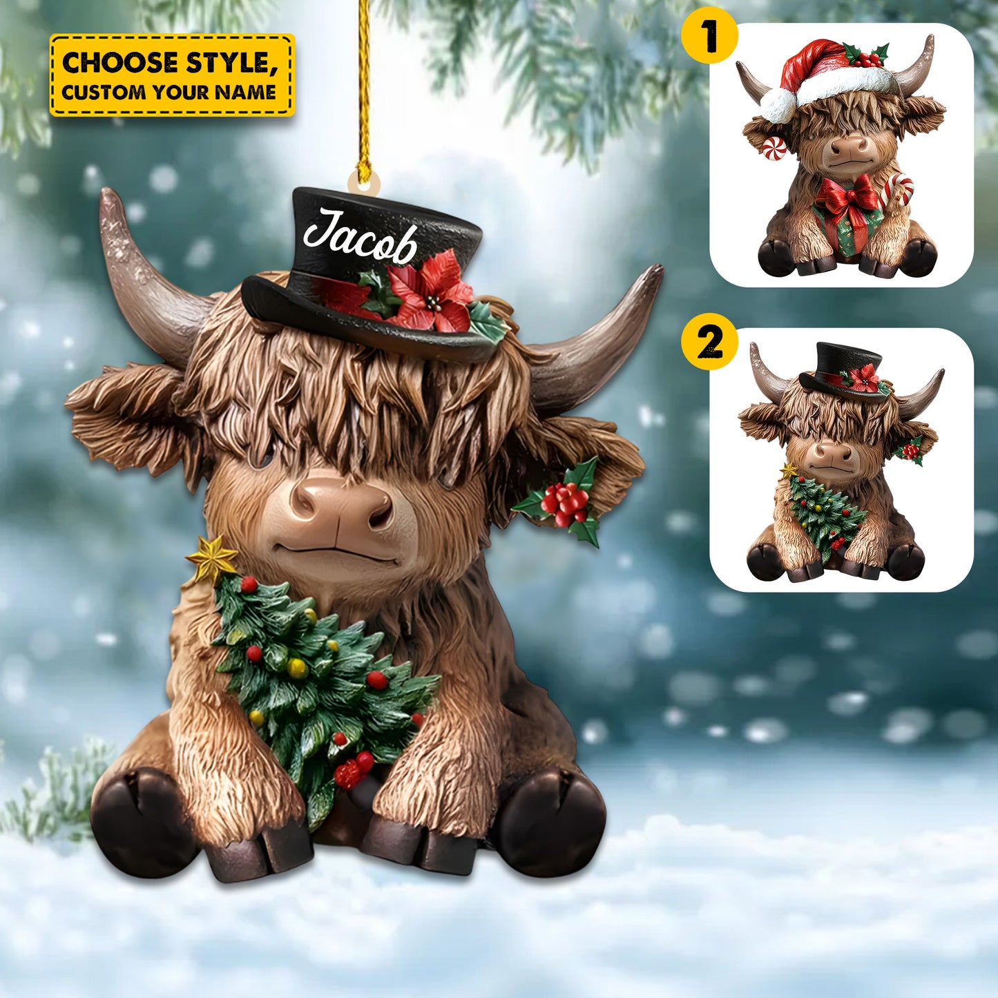 Cute Christmas Highland Cow - Personalized Highland Cow Ornament