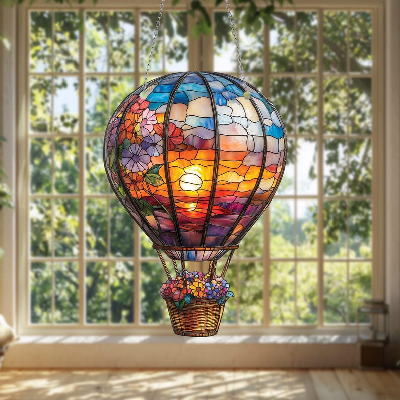 Sunset Hot Air Balloon Flowers Window Hanging