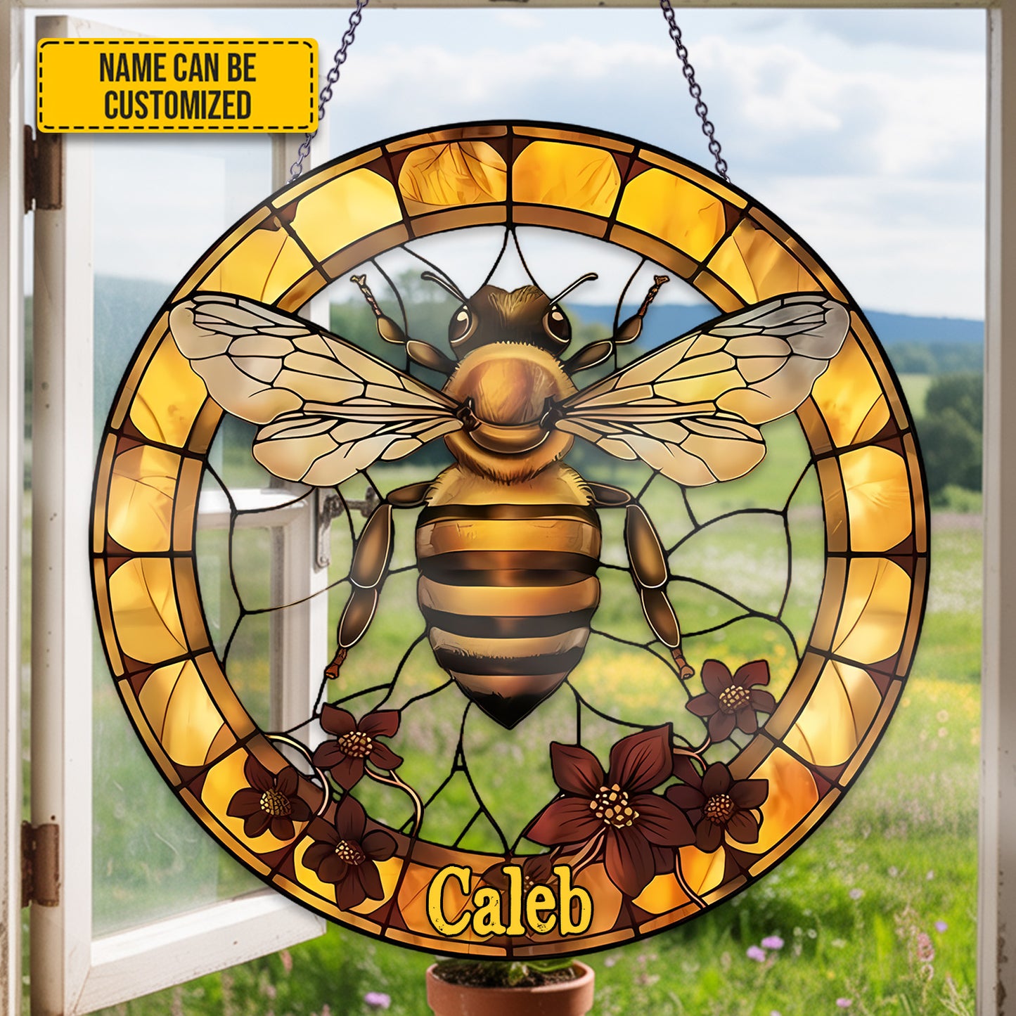 Personalized Golden Honeybee Stained Glass Suncatcher