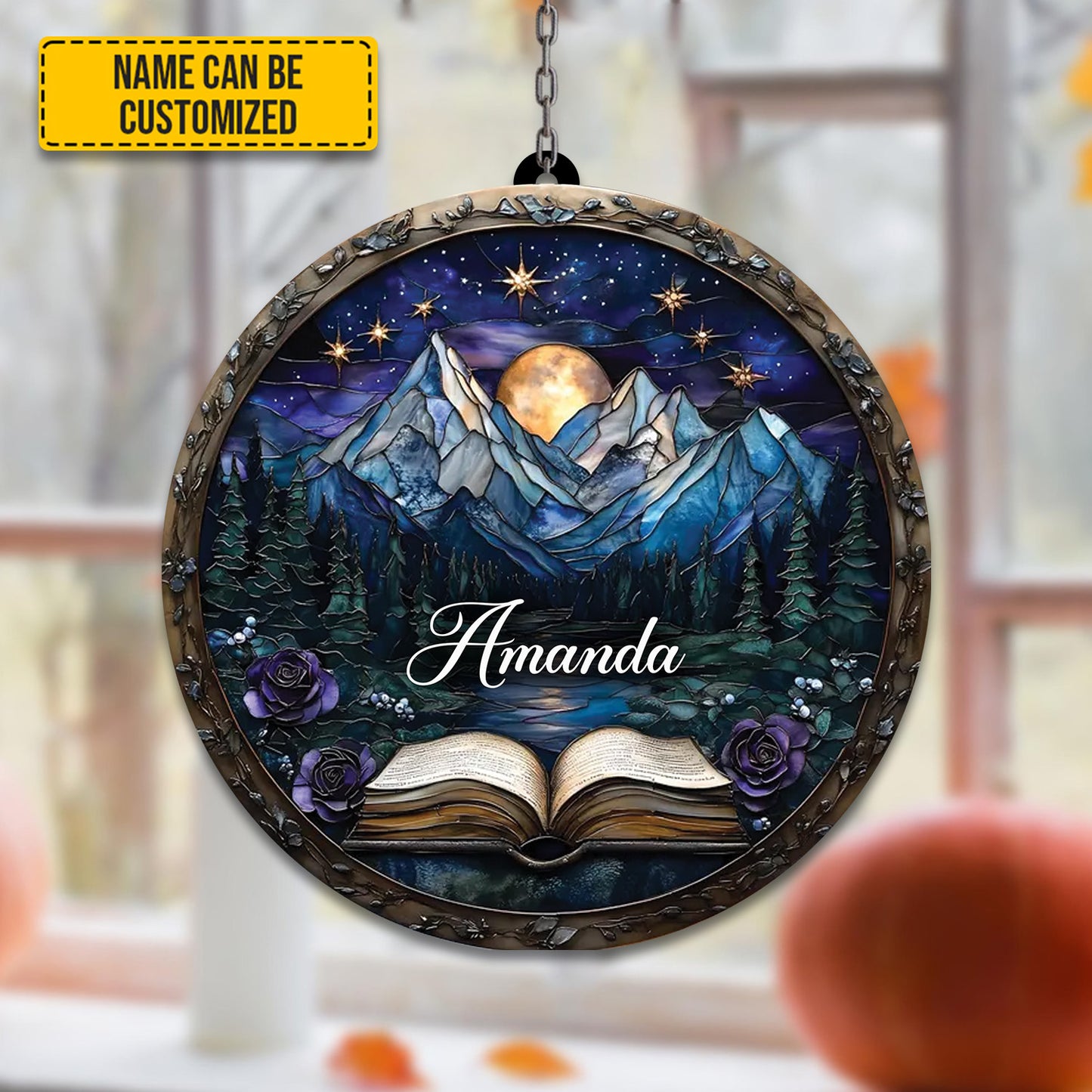 Personalized Fantasy Book Mountain Acrylic Window Hanging Version 1