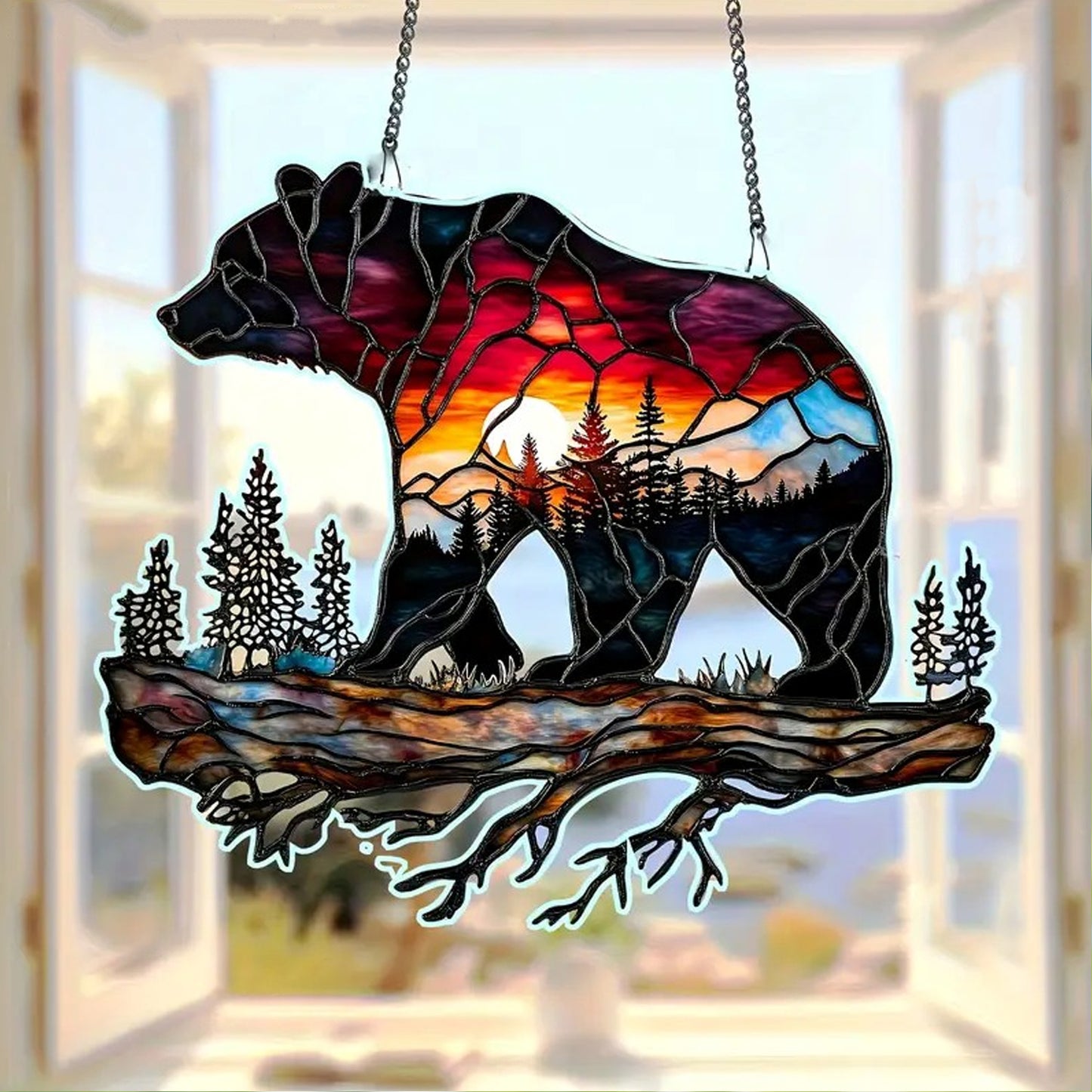 Bear Wanderlust Camping Suncatcher - Personalized Shape Stained Glass Suncatcher