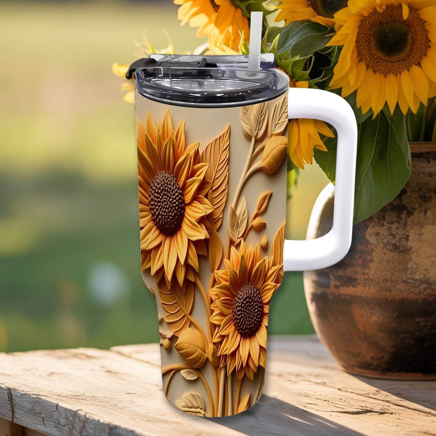 Love Sunflower - Personalized Tumbler With Handle 40oz
