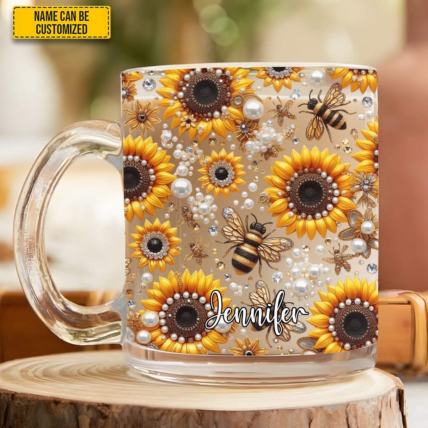 Bee & Sunflowers - Personalized Glass Mug