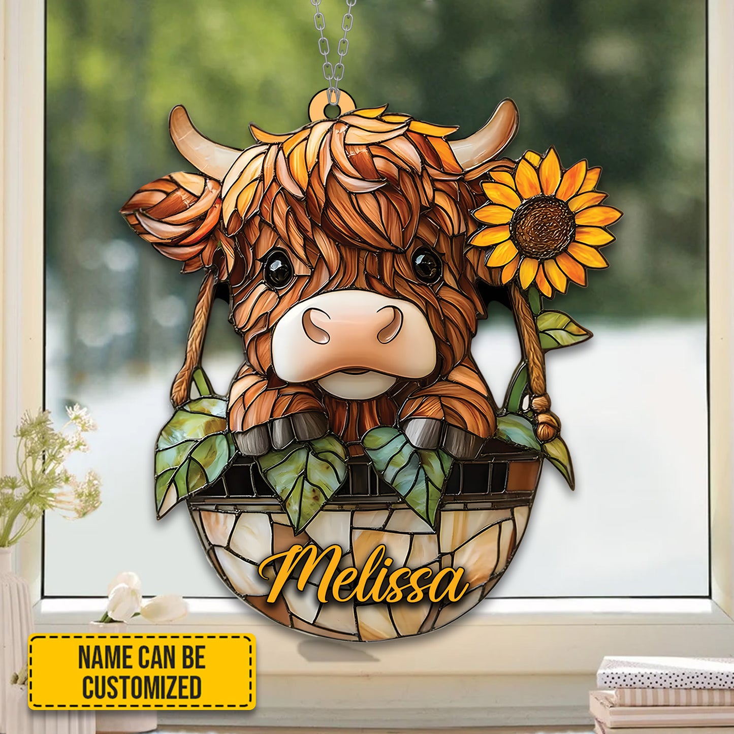 Personalized Charming Highland Cow & Sunflower Acrylic Window