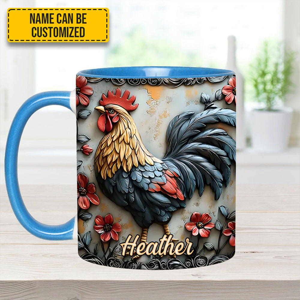 Rooster and Vibrant Flowers - Personalized Chicken Accent Mug