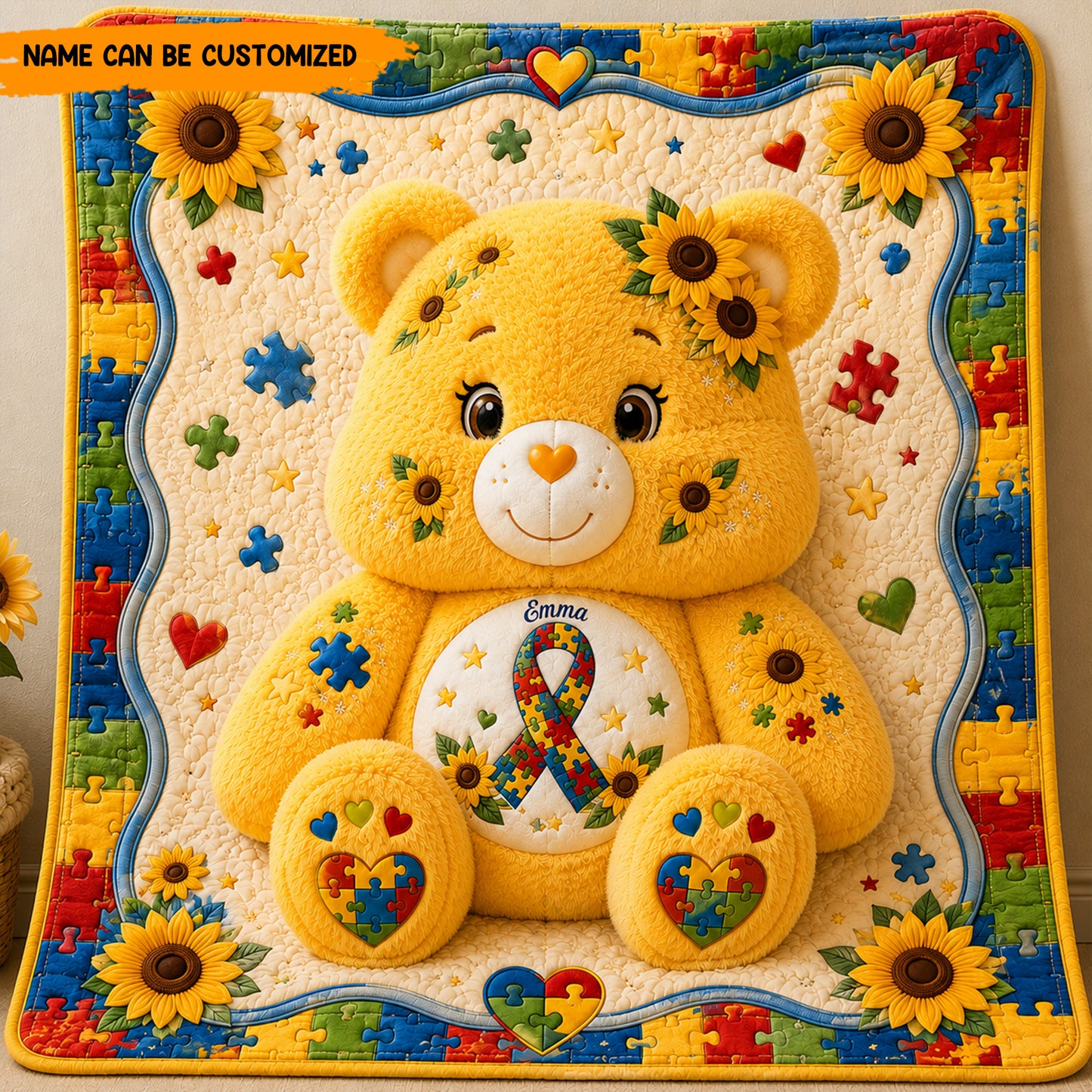 Personalized Autism Sunflower Bear Blanket