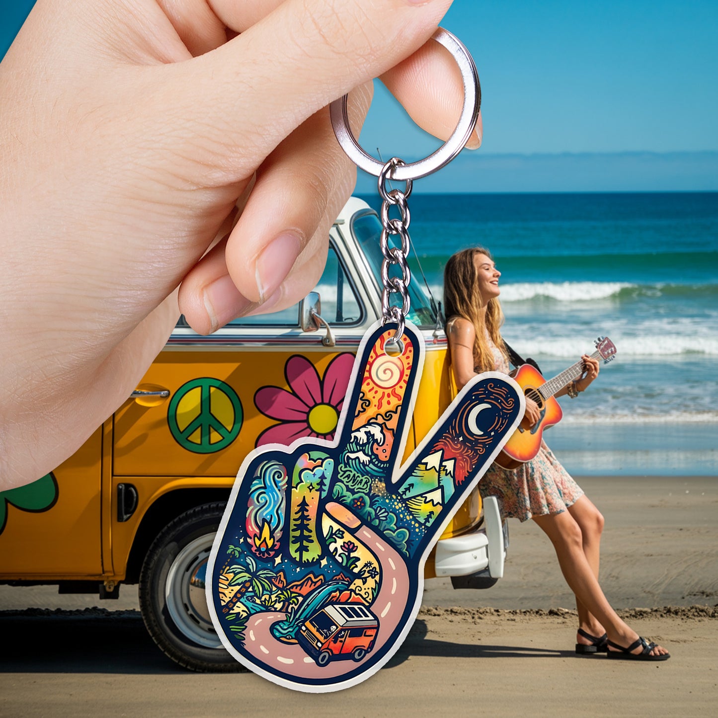Peace & Love Retro Keychain