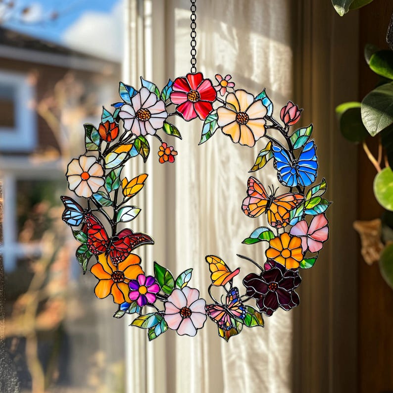 Faux Stained Glass Colorful Flower Window Hanging