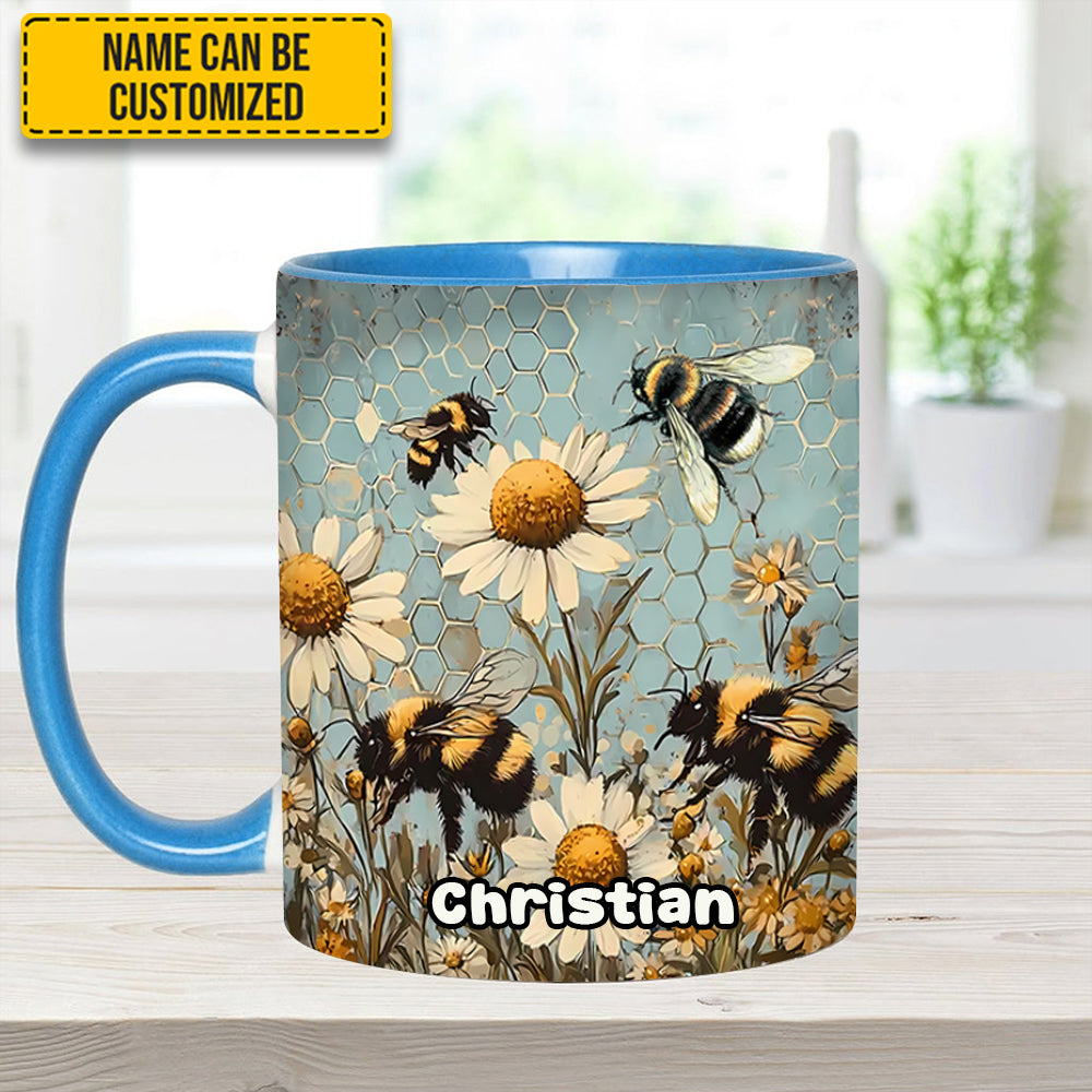 Vintage Garden Bee Floral Daisy - Personalized Bee Accent Mug