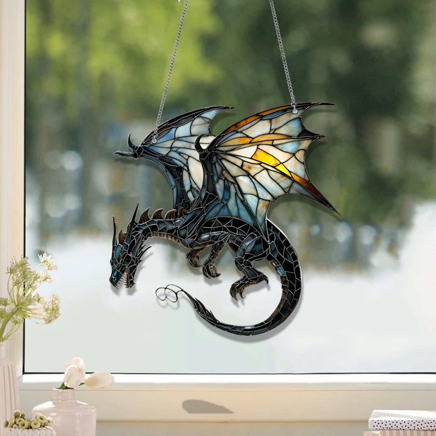 Fantasy Dragon Stained Glass Window Hanging Decor