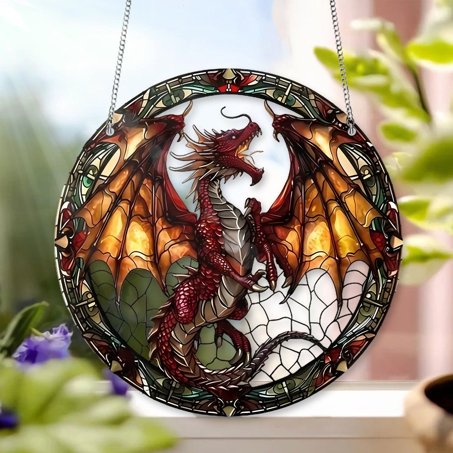 Fantasy Red Dragon Stained Glass Window Hanging
