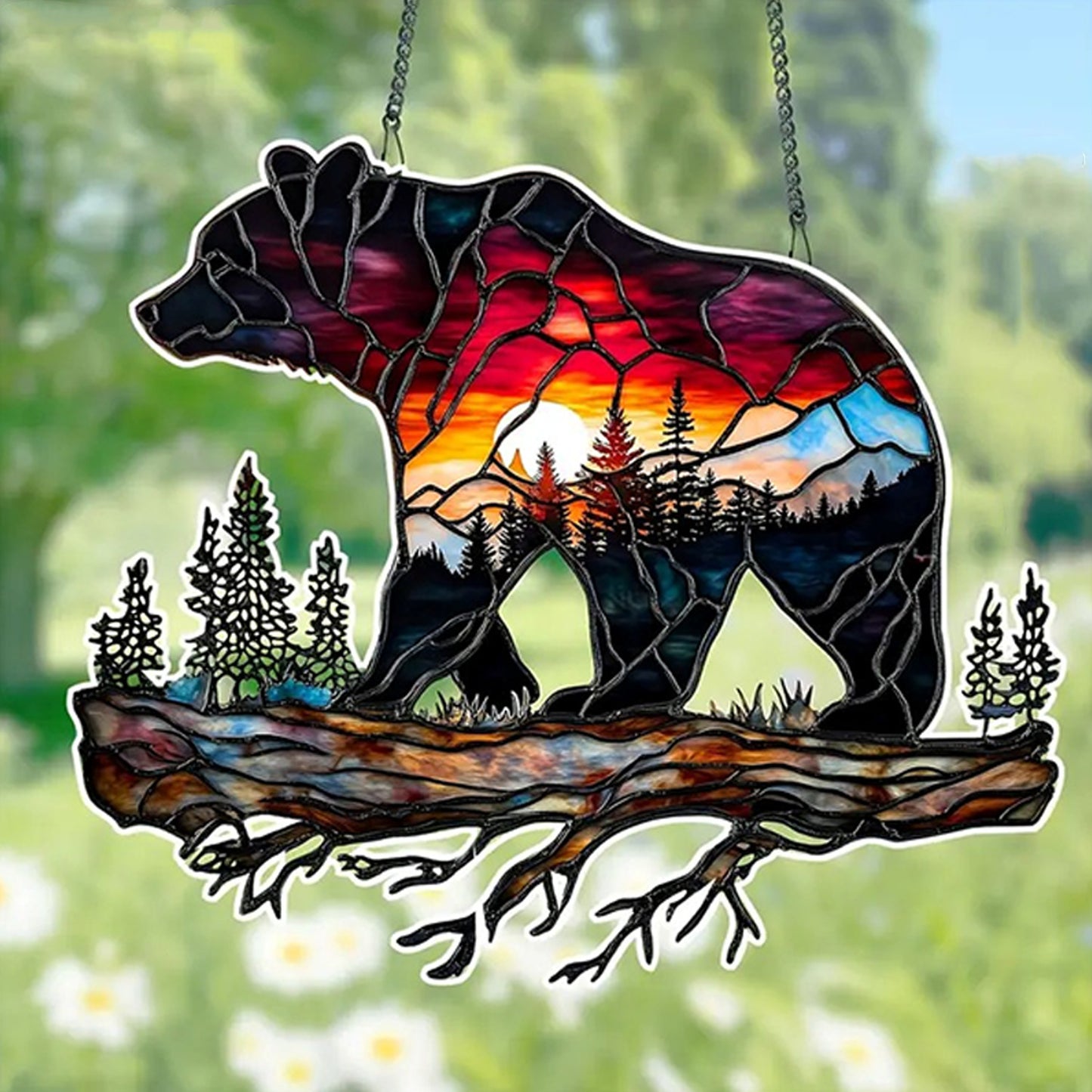 Bear Wanderlust Camping Suncatcher - Personalized Shape Stained Glass Suncatcher