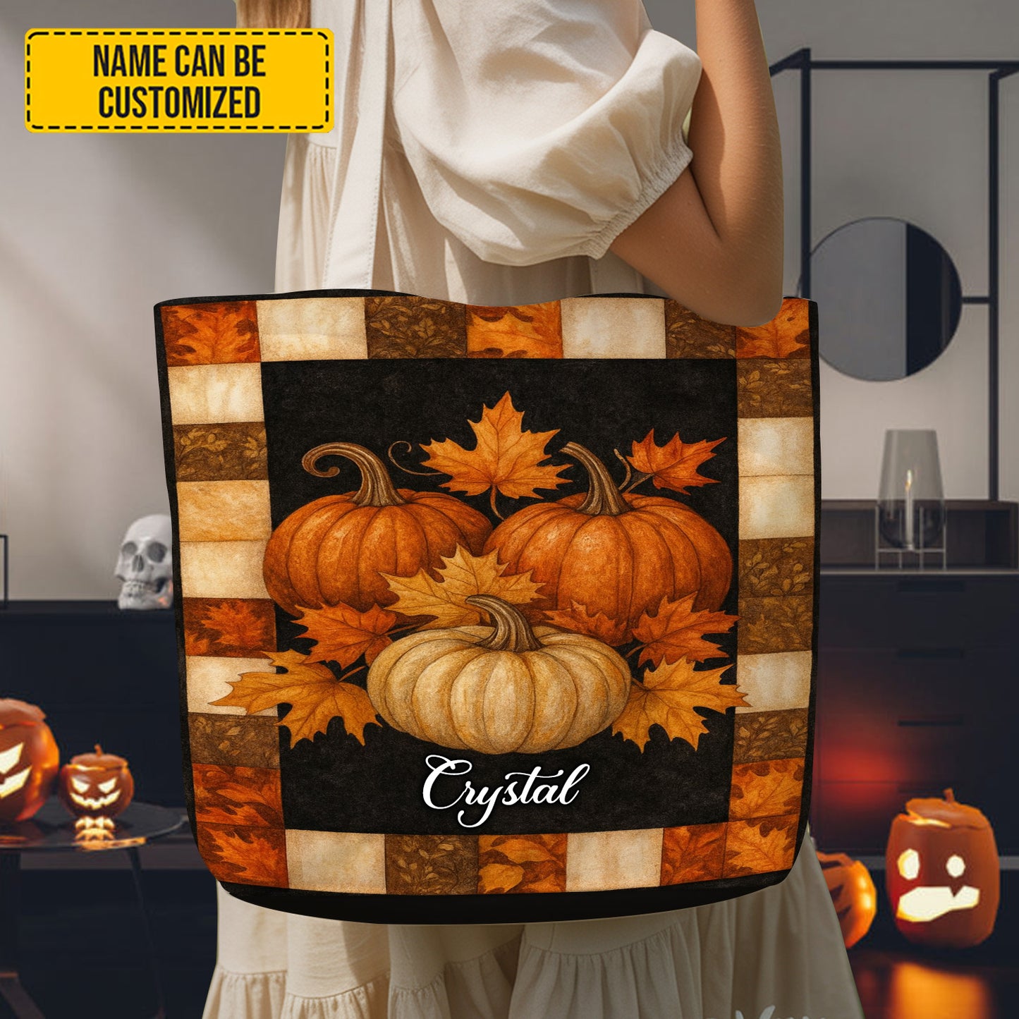 Vintage Autumn Plaid Pumpkin - Personalized Tote Bag