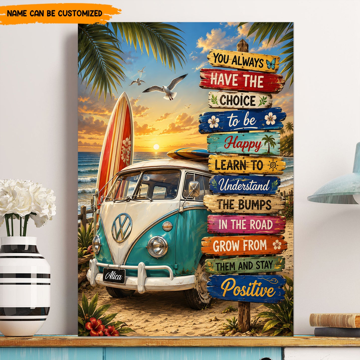 Positive Beach Hippie Van – Personalized Poster Canvas