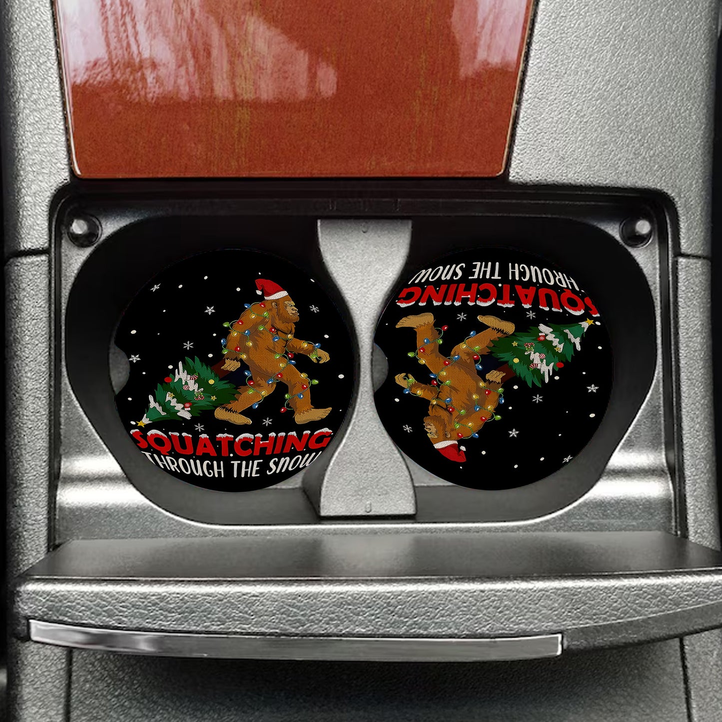 Funny Sasquatch & Christmas Tree Car Coaster