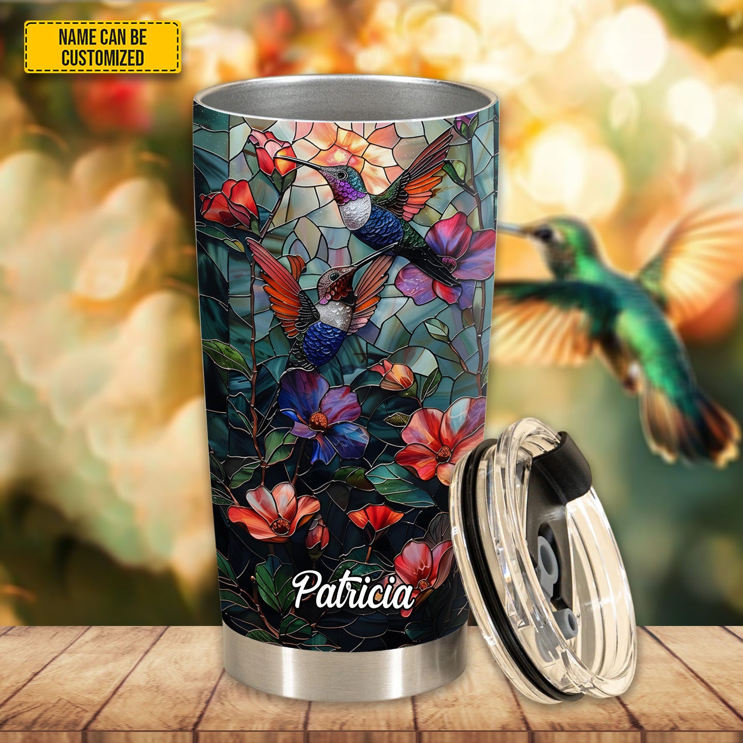 Personalized Stained Glass Hummingbird Flowers Tumbler