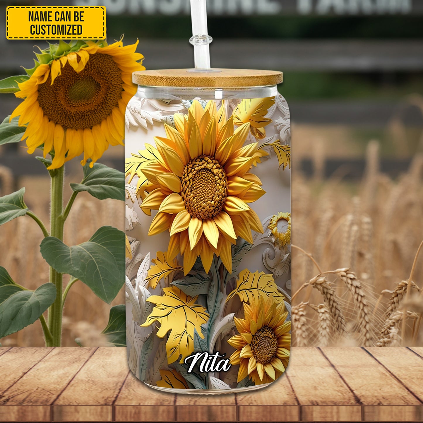 Beaufiful Sunflower - Personalized 16Oz Glass Cup