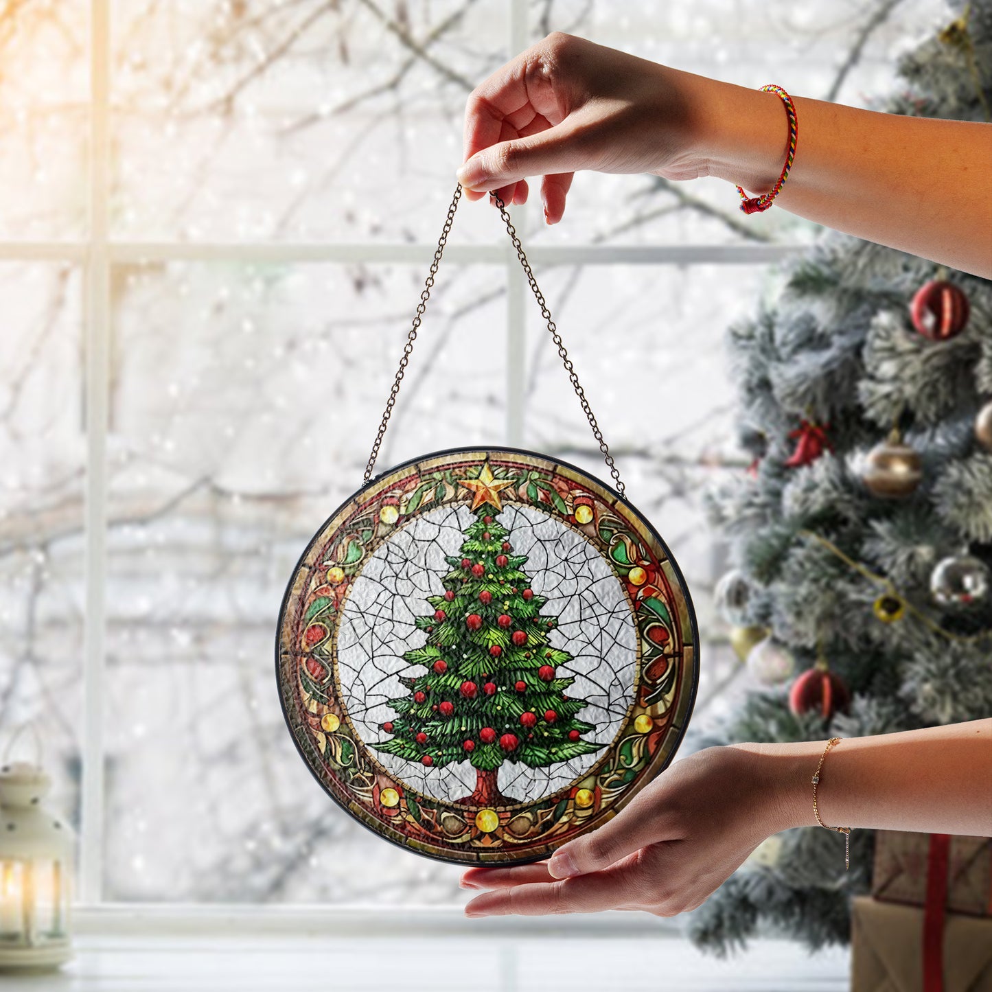 Christmas Tree & Candle Stained Glass Suncatcher