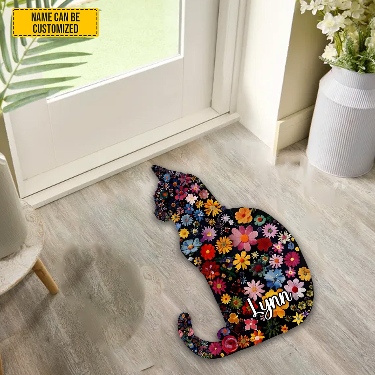 Cat Floral - Personalized Cat Shaped Doormat