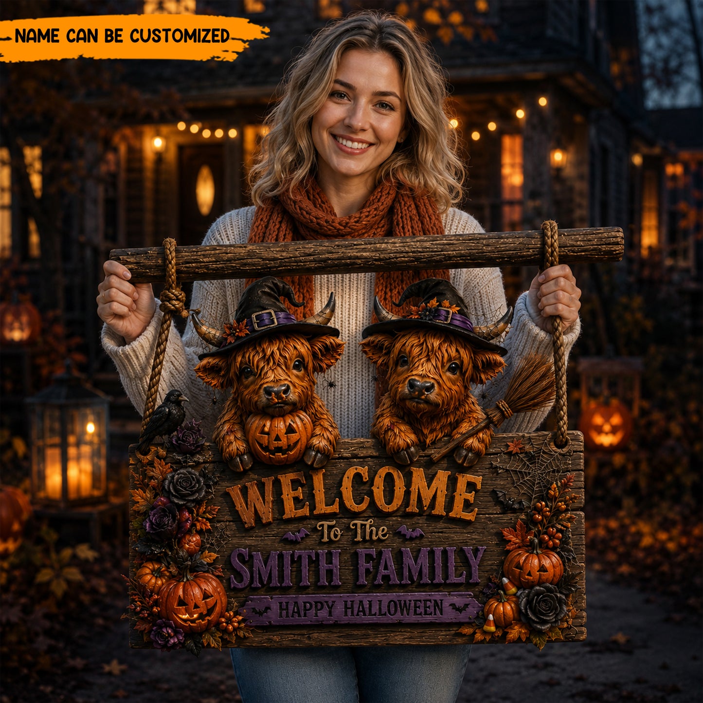 Personalized Highland Cow Halloween Wooden Sign