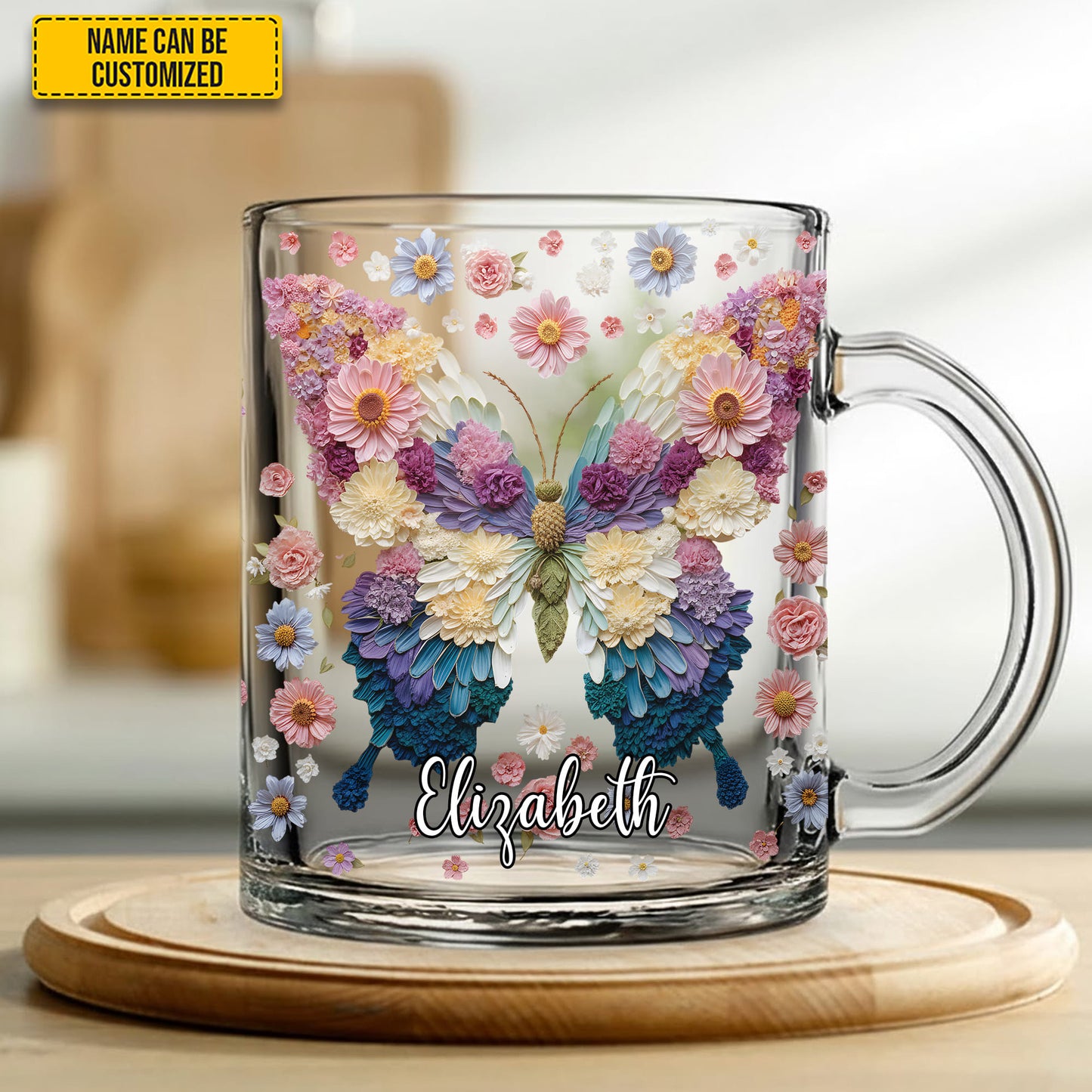 Butterfly Flowers - Personalized Butterfly Glass Mug