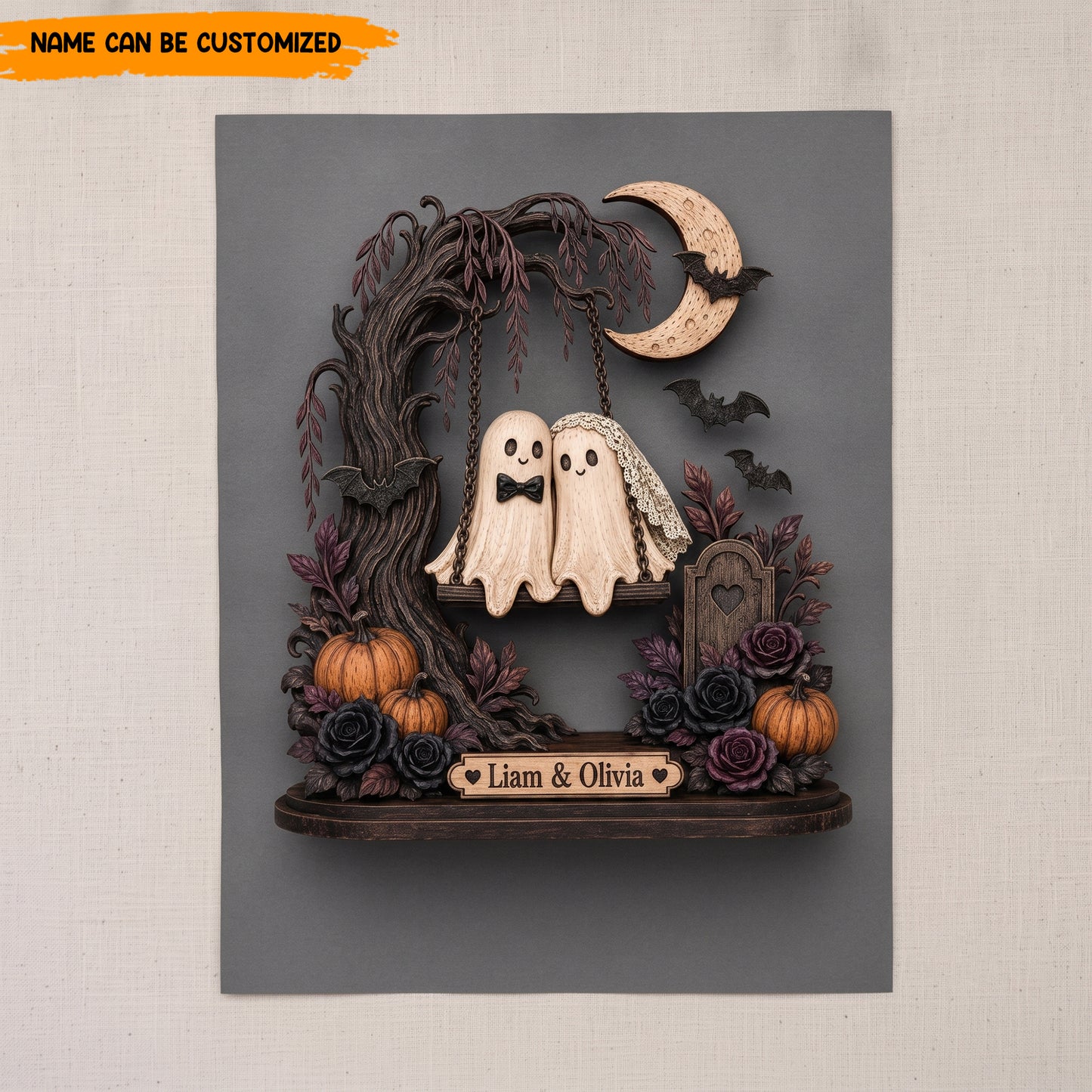 Personalized Halloween Ghost Couple Swing Wooden Block - Custom Name Romantic Halloween Keepsake Gift