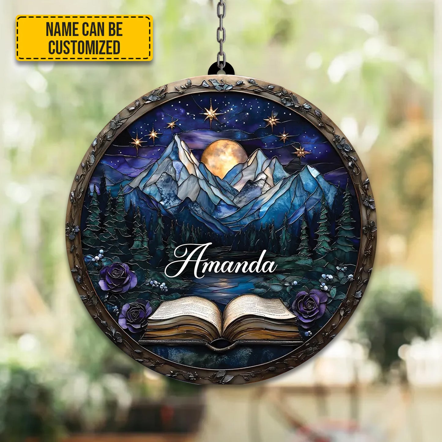 Personalized Fantasy Book Mountain Acrylic Window Hanging Version 1