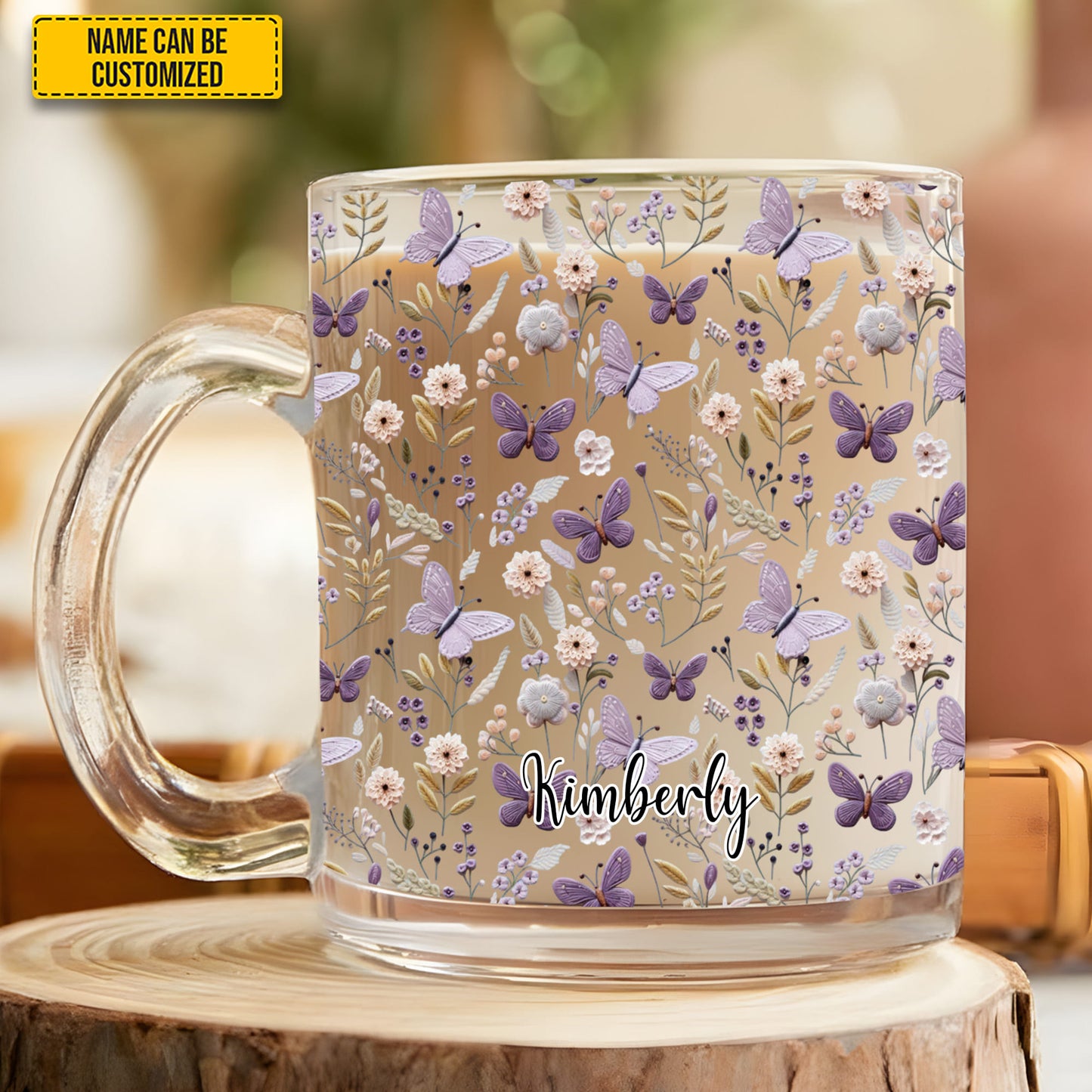 Personalized Butterflies & Flowers Glass Mug