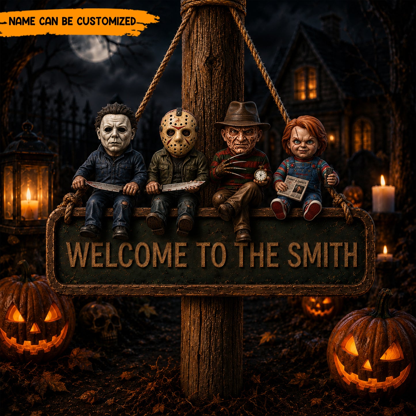 Personalized Horror Icons Welcome Wooden Sign