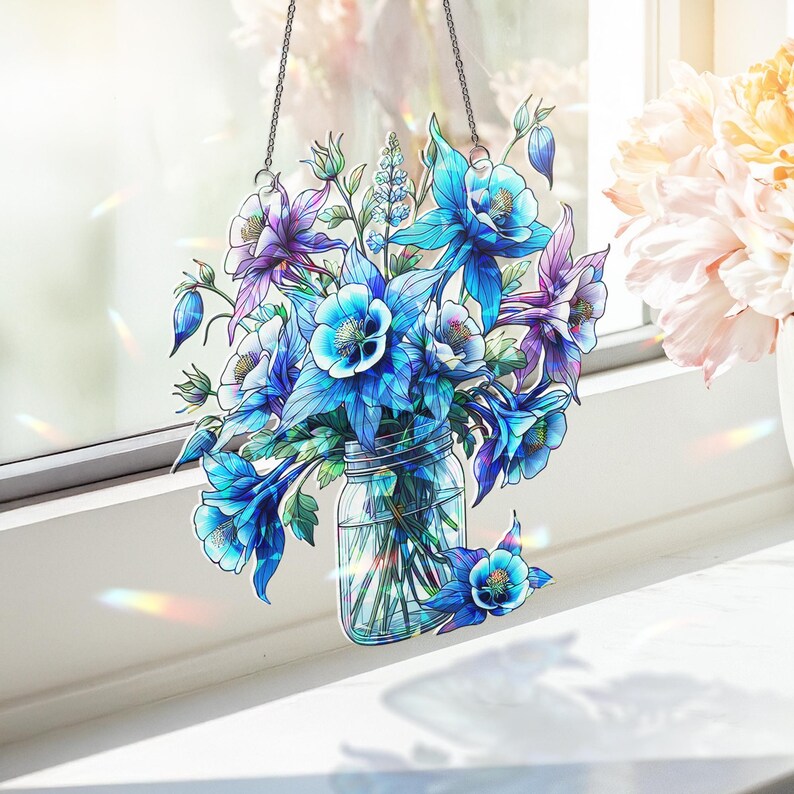 Blue Columbine Flowers Acrylic Holographic Window Hanging