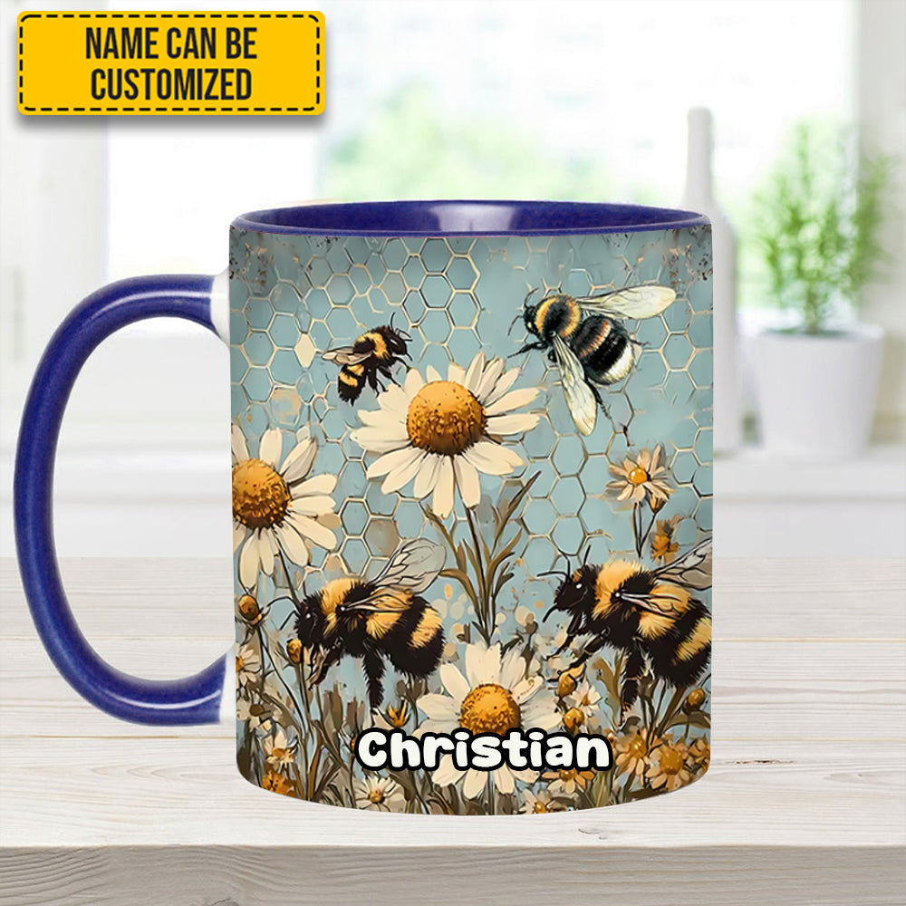 Vintage Garden Bee Floral Daisy - Personalized Bee Accent Mug