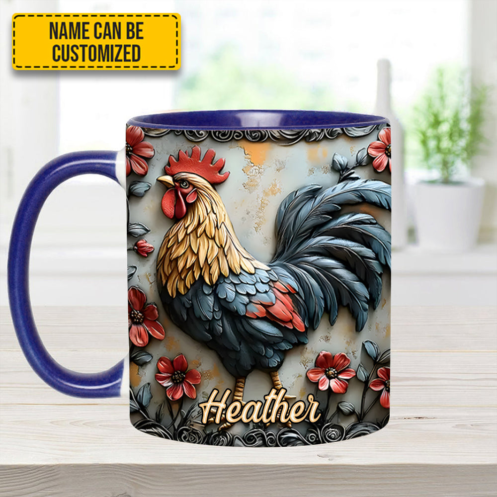 Rooster and Vibrant Flowers - Personalized Chicken Accent Mug