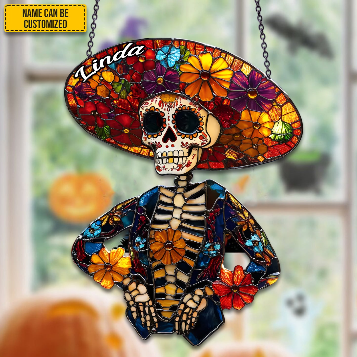 Day of the Dead - Personalized Stained Glass Skeleton Suncatcher