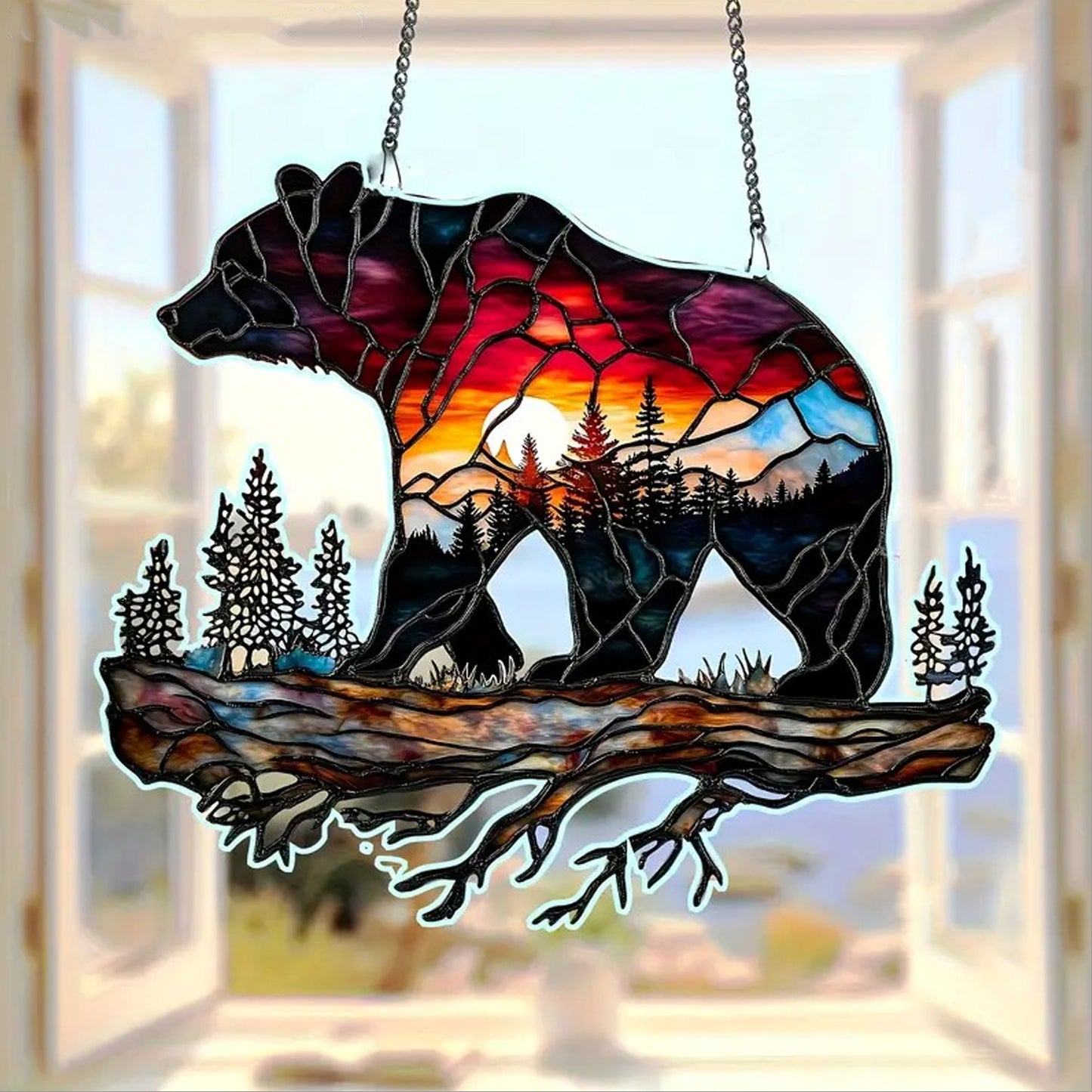 Bear Wanderlust Camping Suncatcher - Personalized Shape Stained Glass Suncatcher