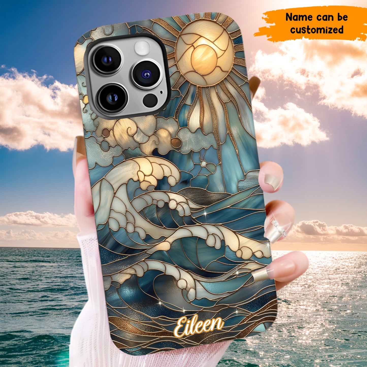 Personalized Ocean Waves & Sun Phone Case – Stained Glass Style