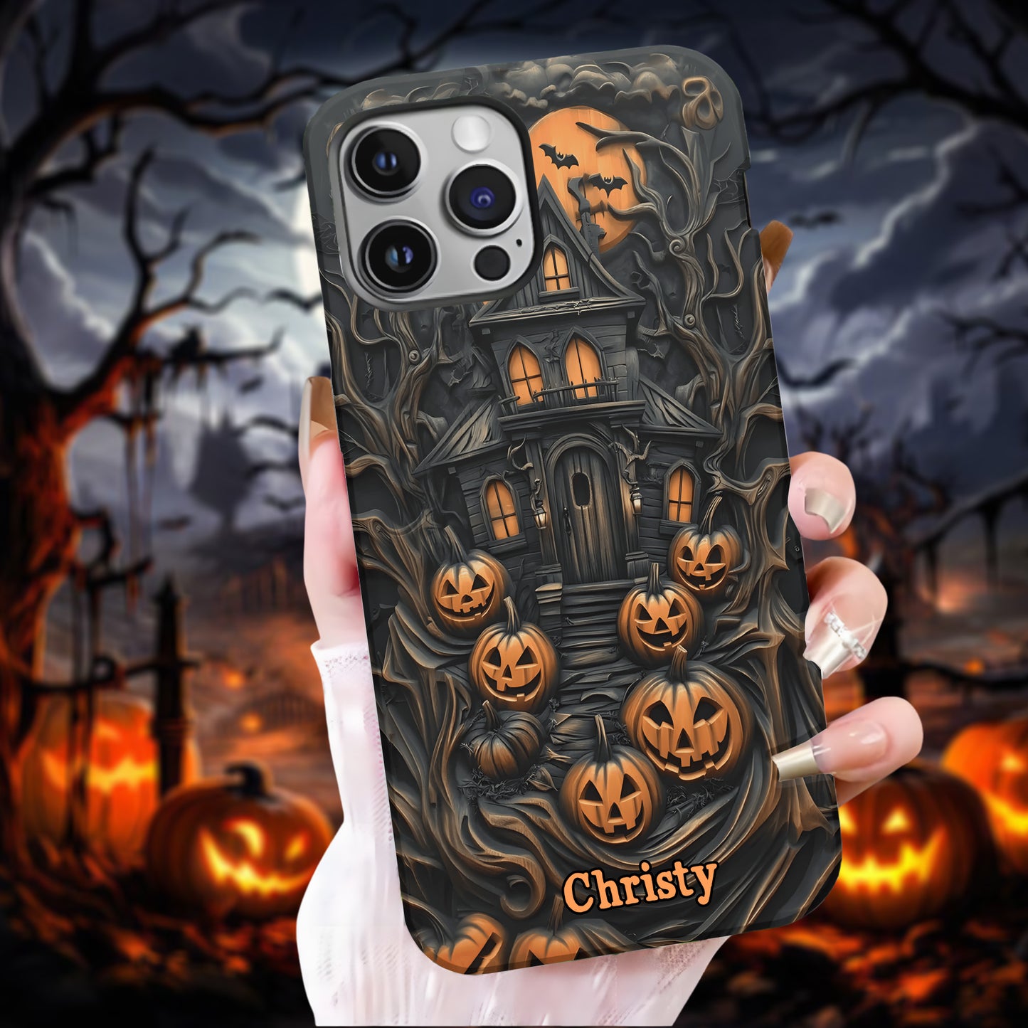 Personalized Haunted House & Pumpkins Halloween Phone Case