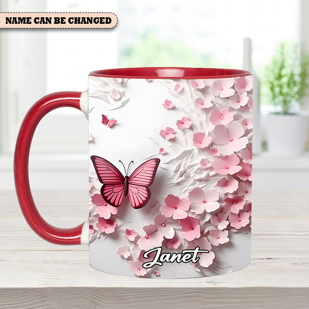 Pink Butterfly With Flowers - Personalized Butterfly Accent Mug