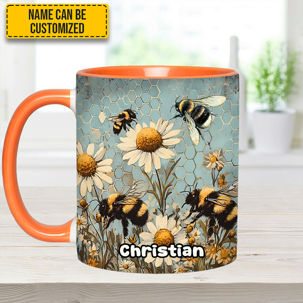 Vintage Garden Bee Floral Daisy - Personalized Bee Accent Mug