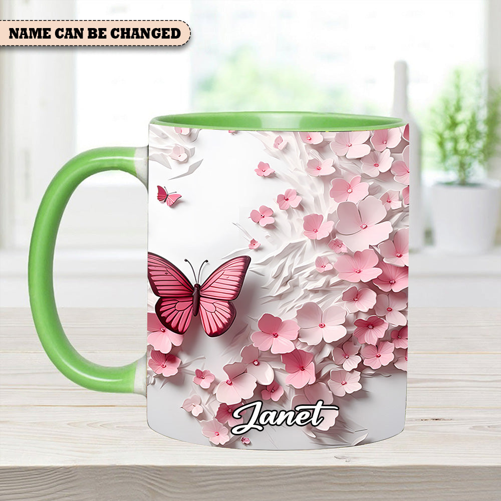 Pink Butterfly With Flowers - Personalized Butterfly Accent Mug