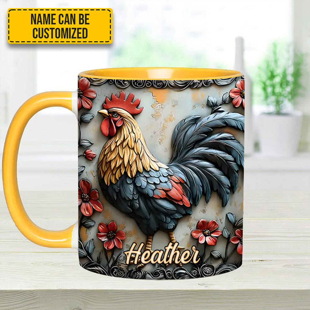 Rooster and Vibrant Flowers - Personalized Chicken Accent Mug