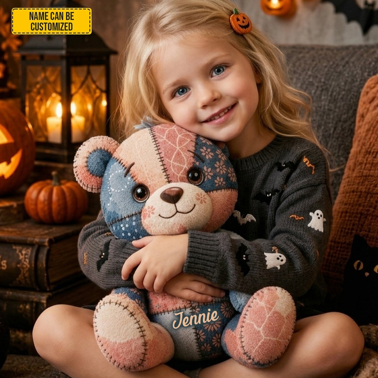 Personalized Halloween Patchwork Teddy Bear Pillow