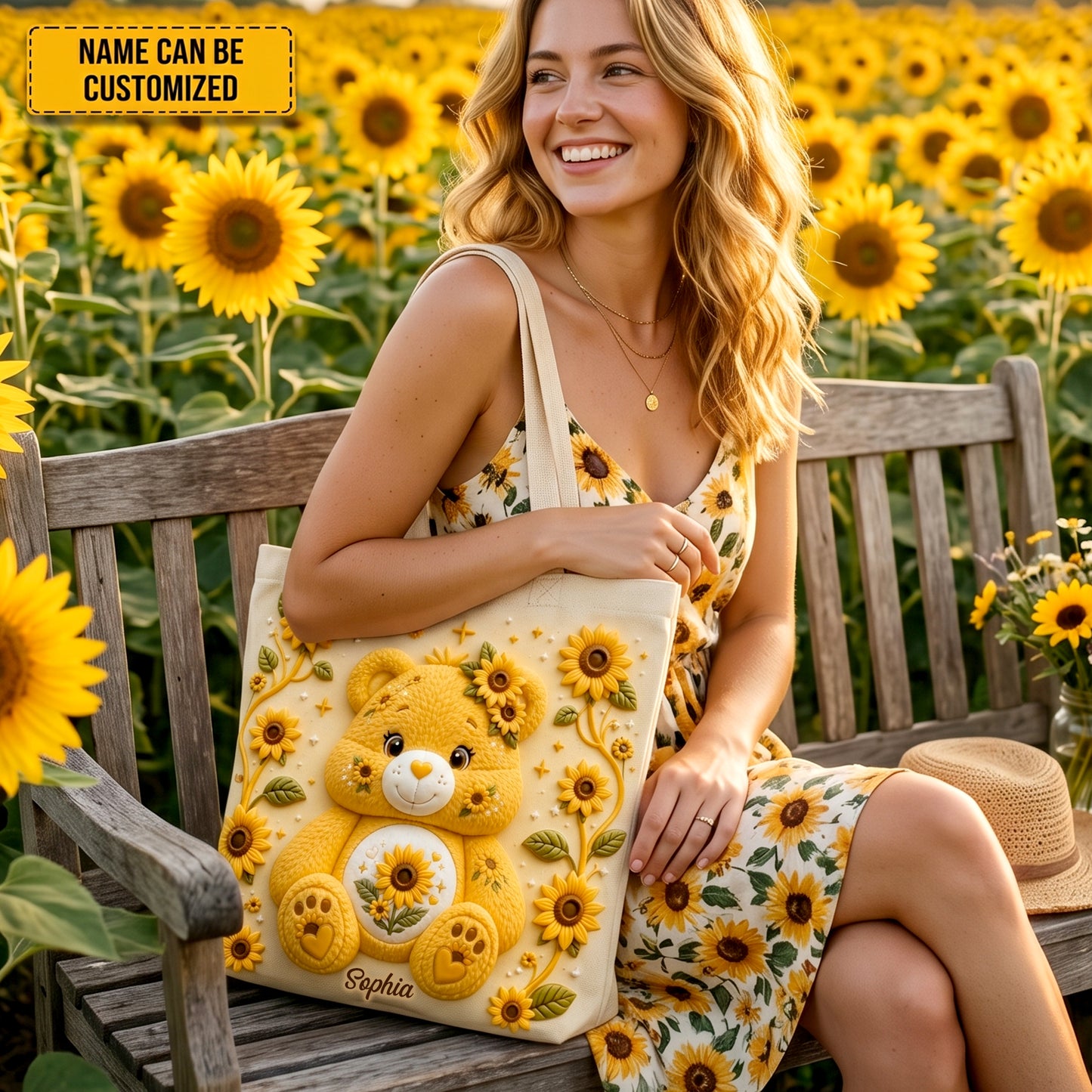 Personalized Bear Sunflower Tote Bag