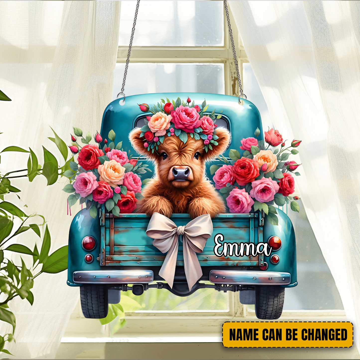 Personalized Truck Highland Cow & Flower Acrylic Window