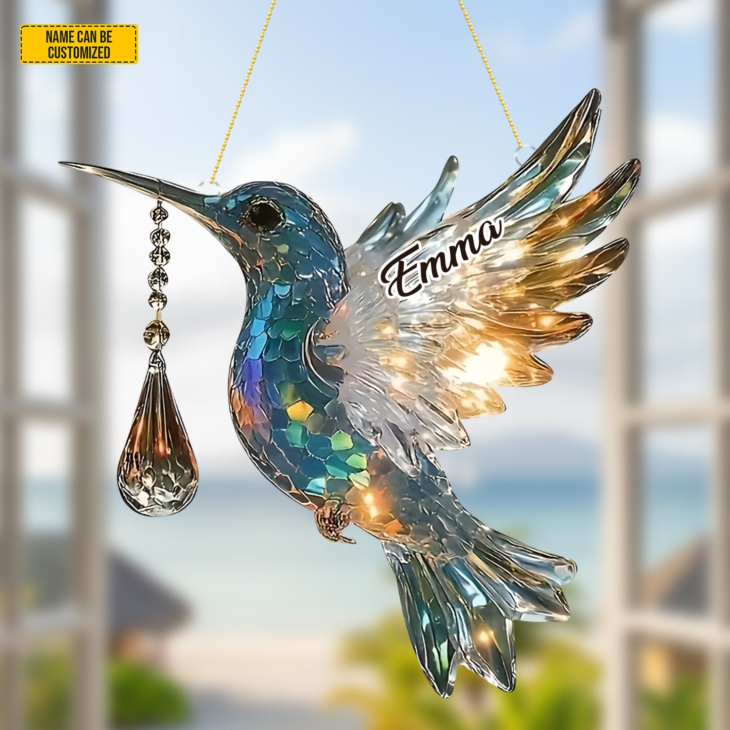 Colorful Hummingbird With Charm - Personalized Acrylic Window