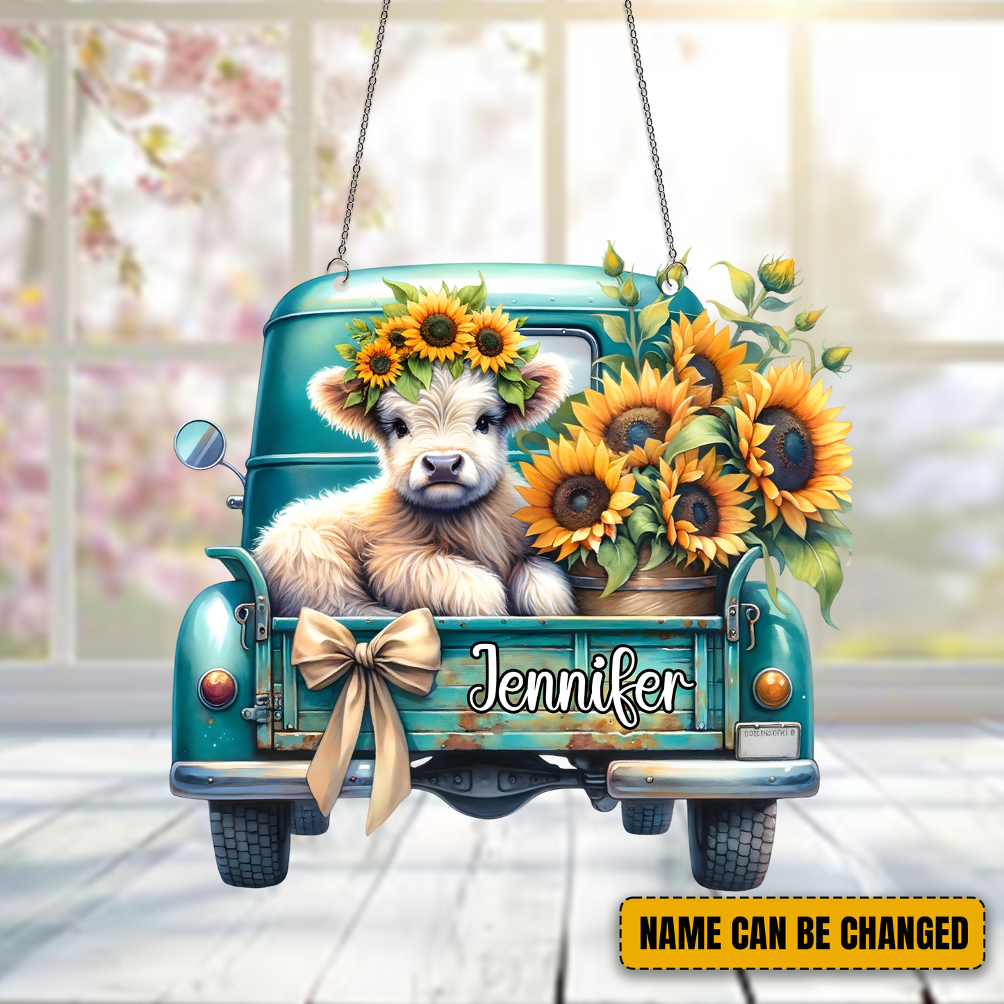 Personalized Truck Highland Cow & Flower Acrylic Window
