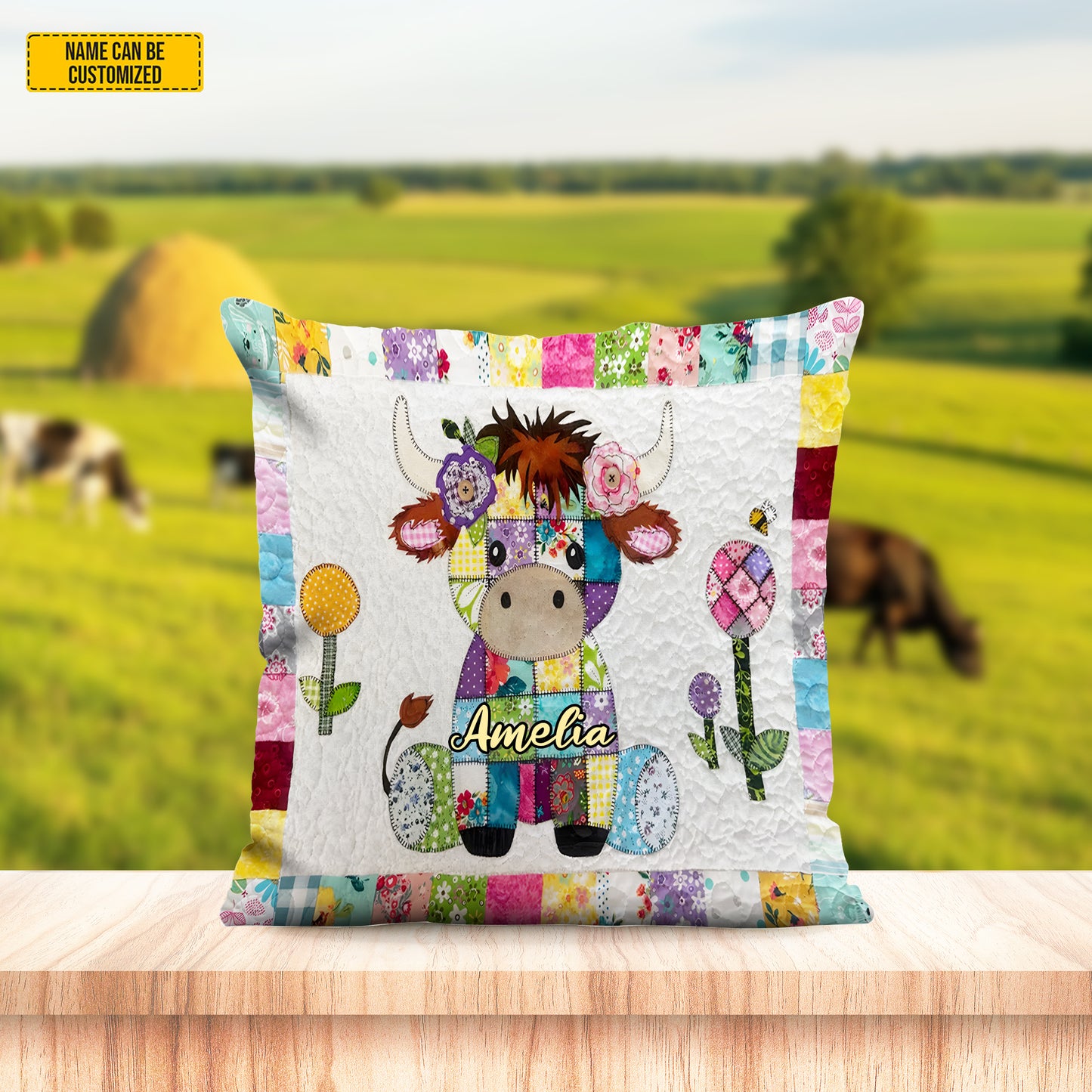 Personalized Patchwork Highland Cow Quilted Pillow Cover