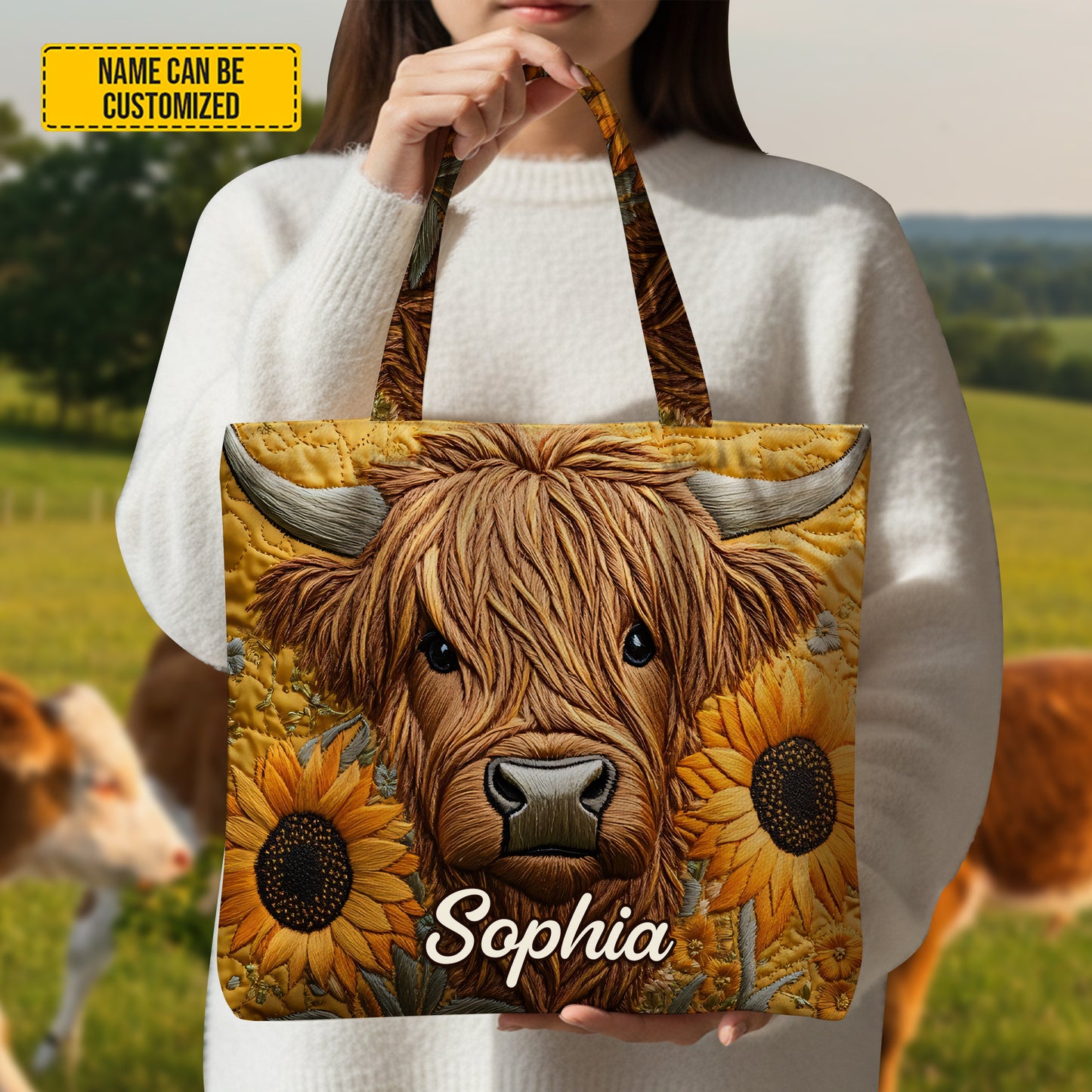 Personalized Highland Cow & Sunflower Tote Bag