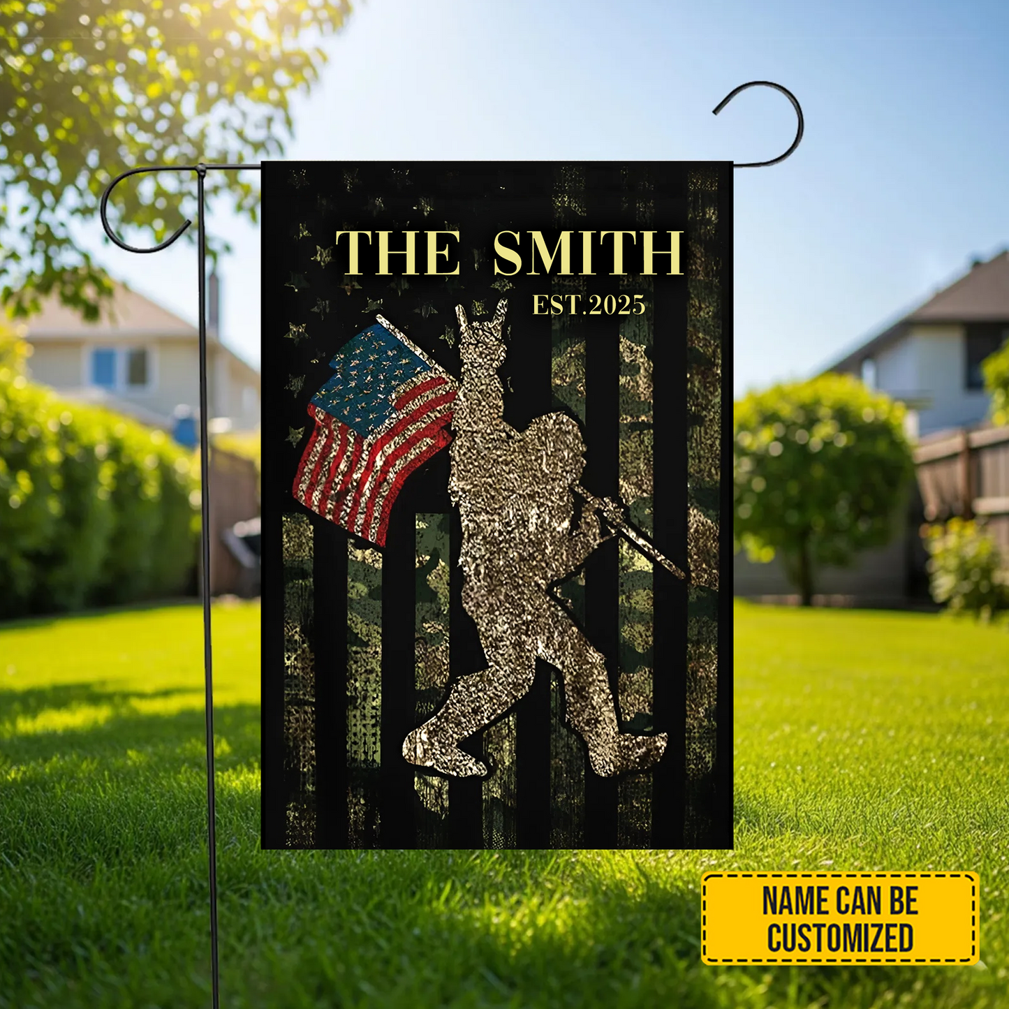 Patriotic Stride – Personalized Bigfoot Garden Flag, House Flag