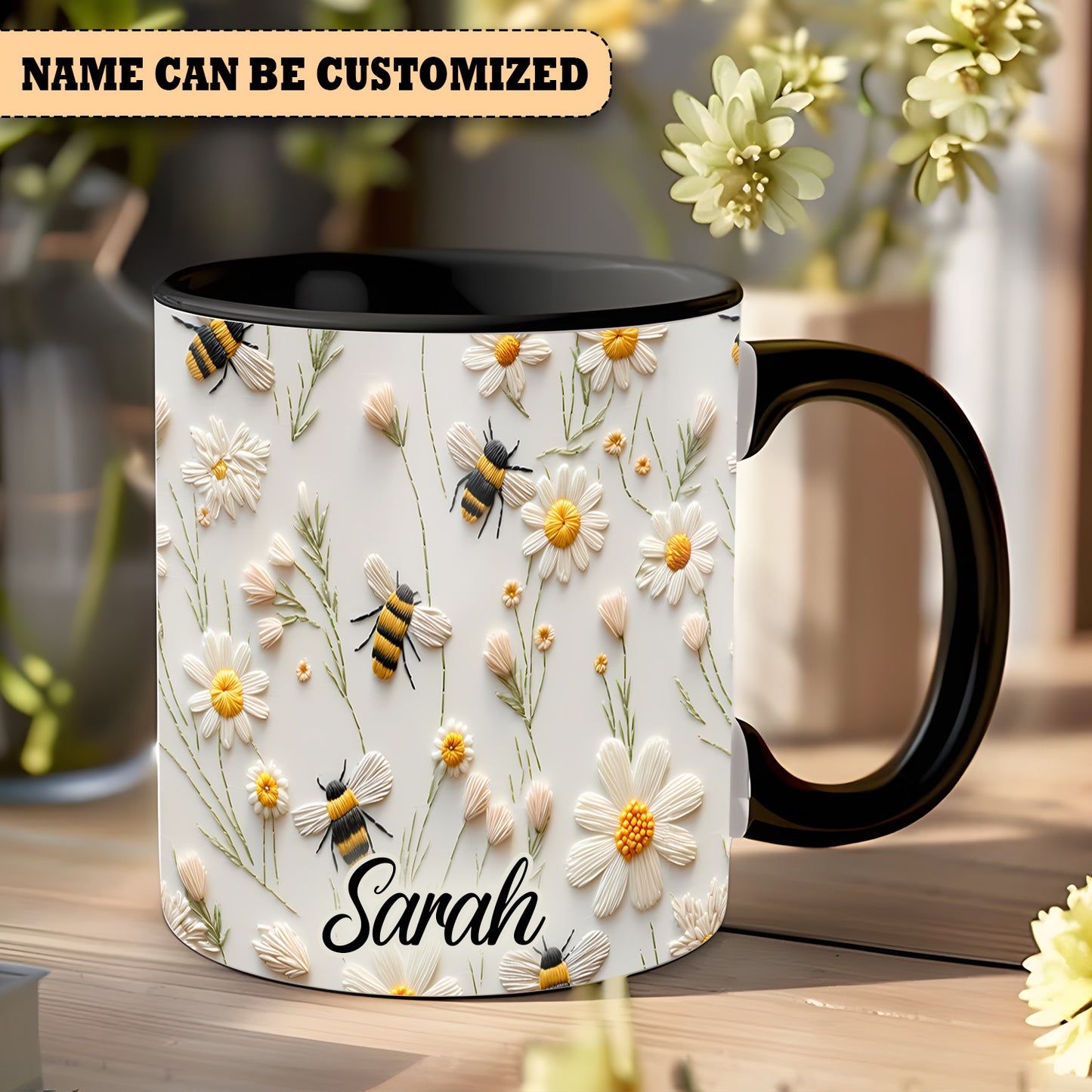 Bee Floral Daisy - Personalized Bee Accent Mug